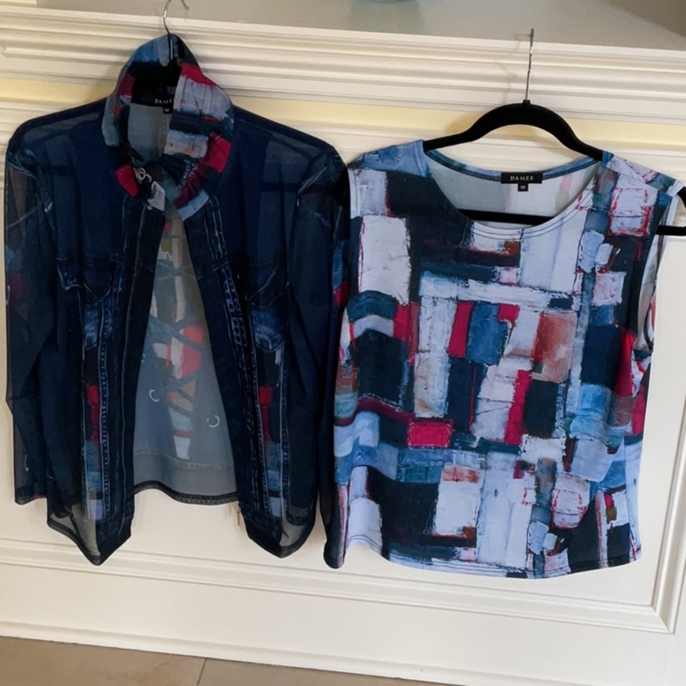 Colorful Abstract Top and Sheer Jacket Set